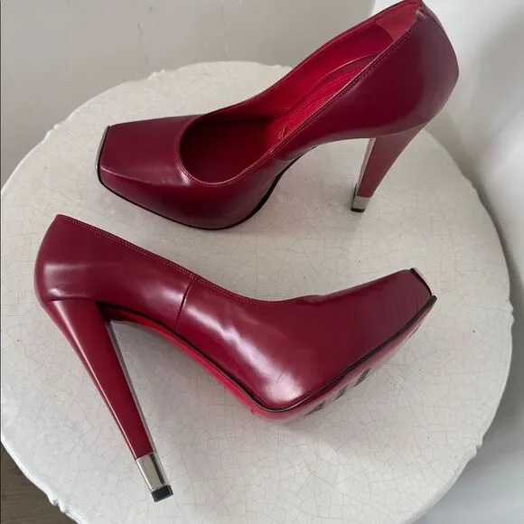 Gianmarco Lorenzi Bold Leather Red Heels Platform Square Toe Red Outsole Size 36 - Picture 11 of 14